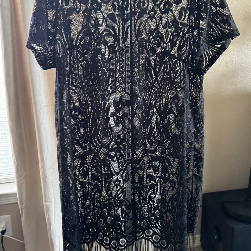 Black Lace Fringe Cover Up Dress 1xl